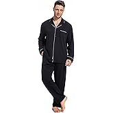 SlumberMee Mens Pajama Set Soft Cotton Viscose Pjs Long Sleeve Sleepwear 2 Piece Brushed Lining Loungewear with Pockets