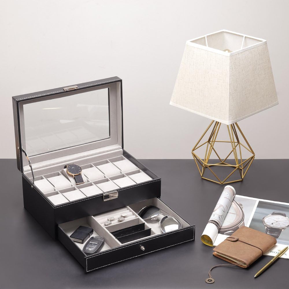 Watch Box, 12 Slots PU Leather Case Organizer with Jewelry Drawer for Storage and Display: Home Improvement