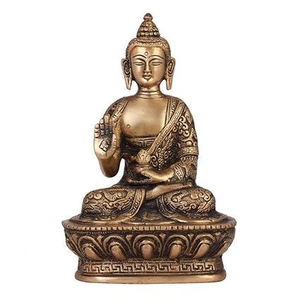 Brass Statue of Buddha Blessing with Sacred Kalash & Draped in Shawl, 1.1 Kg Height 7Inches, Width 4Inches