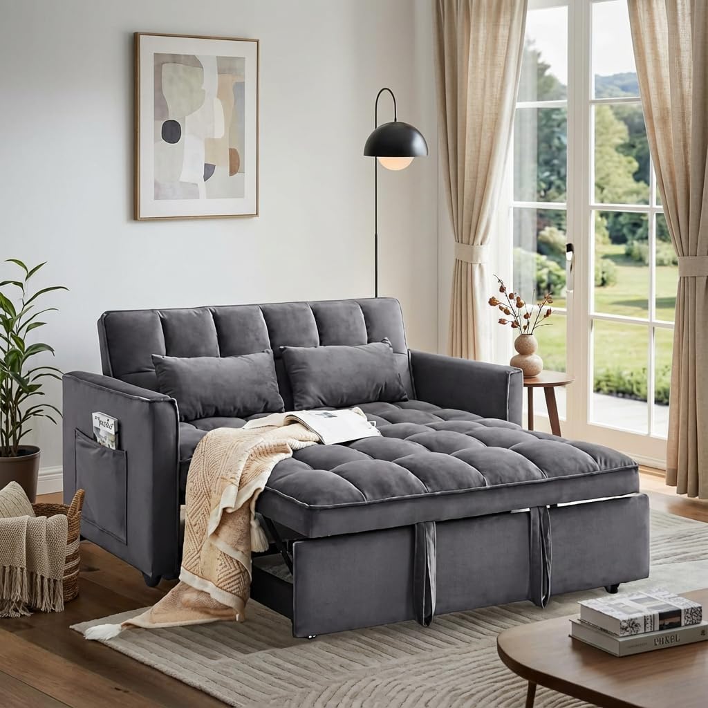 Photo 1 of Trygoal Convertible Sofa Bed, Pull Out Couch with Side Pockets, 3 in 1 Velvet Fabric Loveseat Sleeper Sofa Bed, Pull Out Couch with Adjustable Backrest for Living Room, Bedroom, Apartment, (LIGHT Gray)