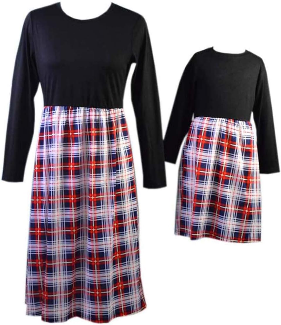 Family Matching Crew Neck Long Sleeve Plaid Dress Mommy and Me High Waist One Piece Stitching Mid-Length Dress
