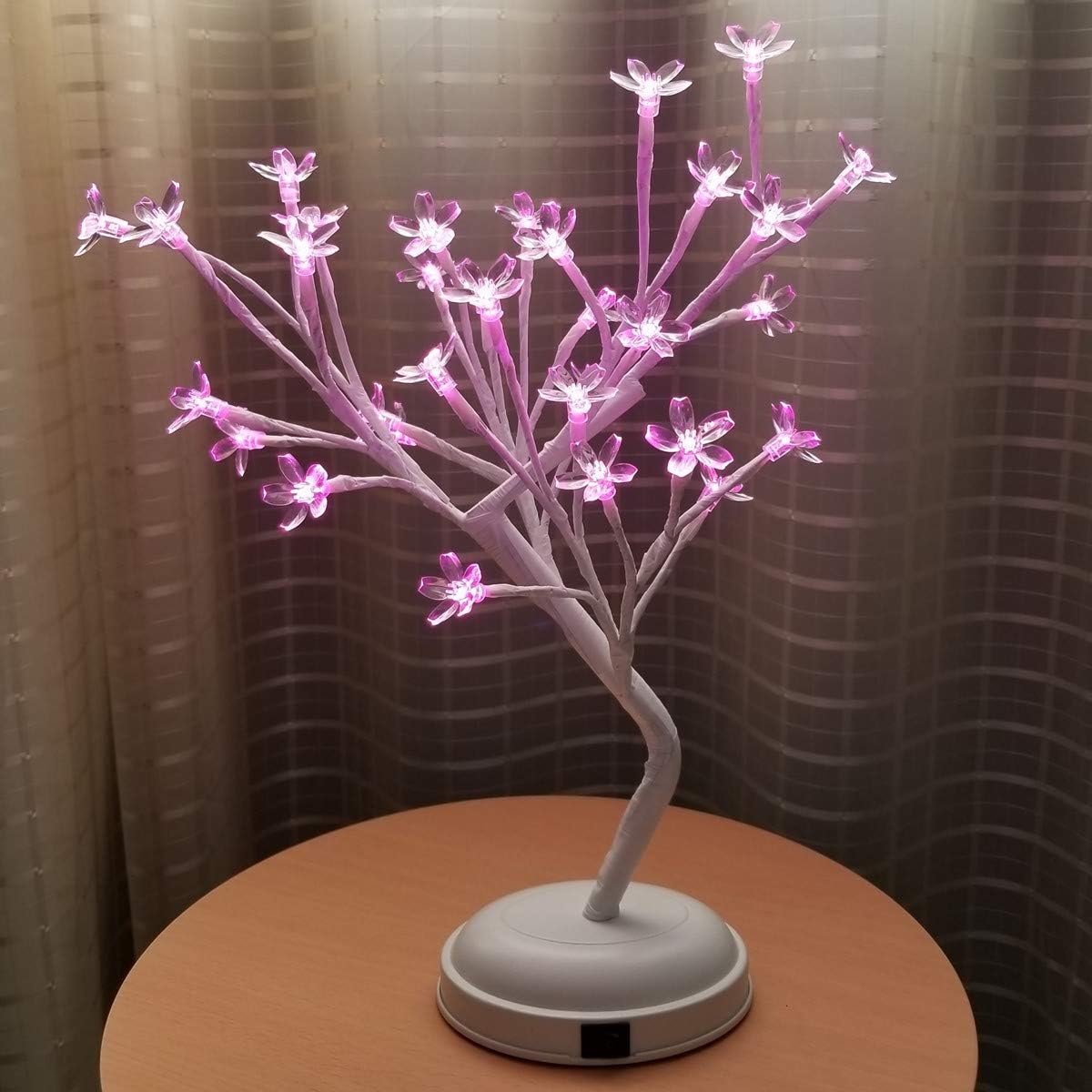 32LED Decorative Table Lamp Bedside Night Light for Bedroom Nightstand Living/Dining Room Desk Decor, Battery Powered or Plug in, Bendable Pink Cherry Blossom Tree Lamp