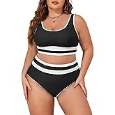 Eytino Womens Plus Size Bikini Sets High Waisted Scoop Neck Bahting Suits Two Piece Color Block Swimsuits(1X-5X)