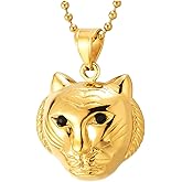 COOLSTEELANDBEYOND Bold Gold Tiger Head Pendant Necklace for Men 3D Stainless Steel with Black CZ Eyes