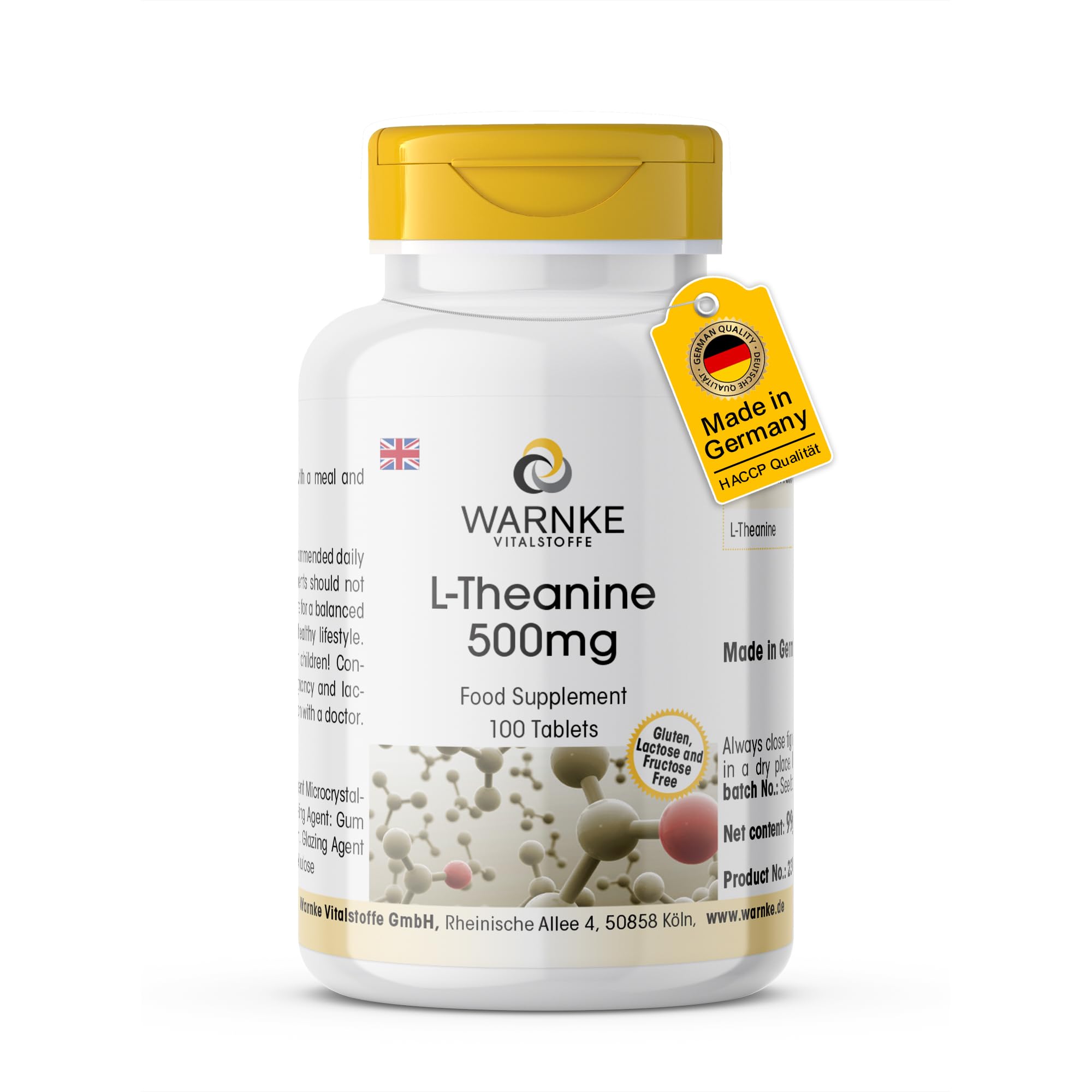 Theanine Tablets - 500mg - Vegan - 100 Tablets - Amino Acid | Warnke Vitalstoffe - German Pharmacy Quality