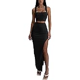 ELLEVEN Two Piece Maxi Skirt Sets for Women, Square Neck Tank Tops with High Side Slit Dress Sets Summer Outfits