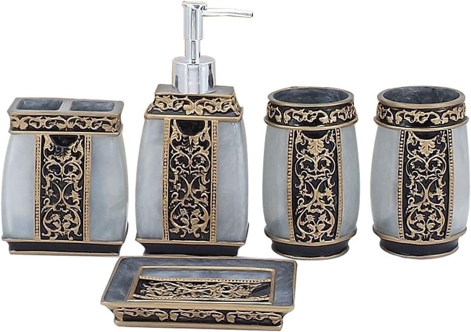 LUANT Creative Bath Ensemble, 5 Piece Bathroom Accessories Set, Collection Bath Set Features Soap Dispenser, Toothbrush Holder, Tumbler, & Soap Dish- Silver