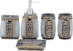 LUANT Creative Bath Ensemble, 5 Piece Bathroom Accessories Set, Collection Bath Set Features Soap Dispenser, Toothbrush Holder, Tumbler, & Soap Dish- Silver