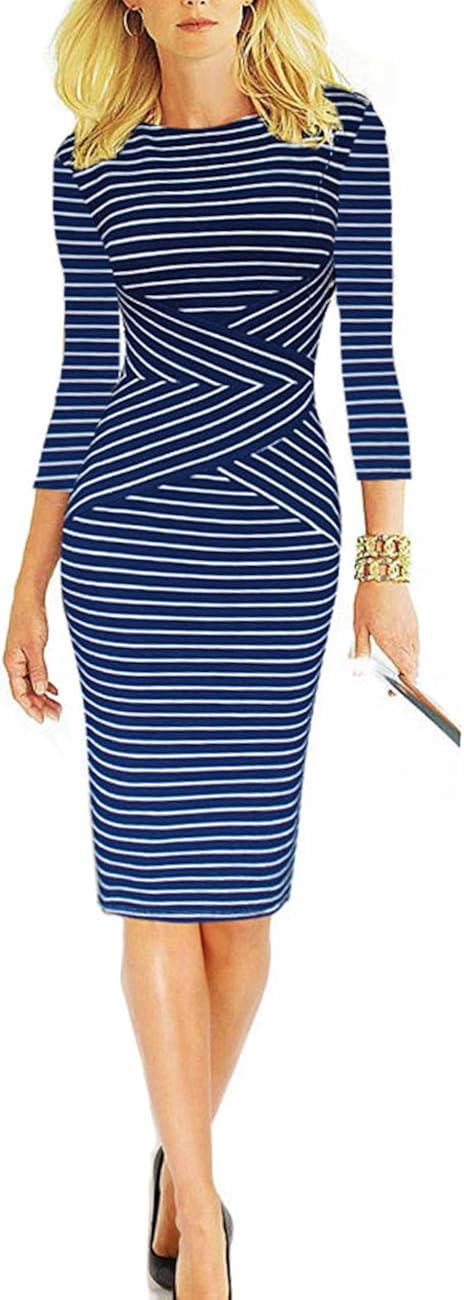 AUOMITH Women Crew Neck Office Pencil Dress 3/4 Sleeve Striped Work Wear Cocktail Business Knee Length Dress