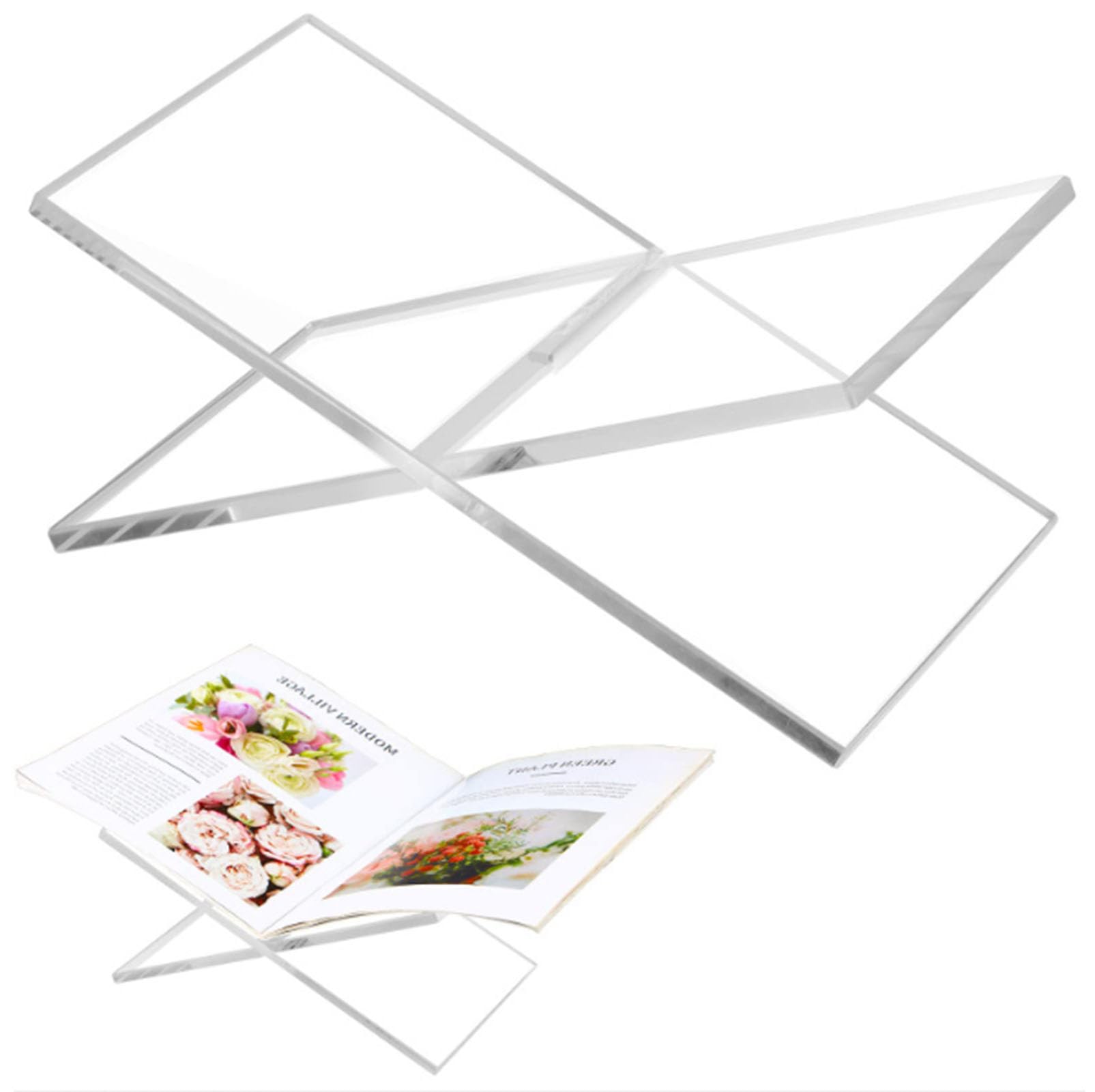 HOJKMA Clear Acrylic Book Stands, X-Shape Transparent Open and Closed Large Book Display Stand Acrylic Book Holder Coffee Table Book Stand for Cookbook Art Book Bible Guest Book Magazine Textbooks
