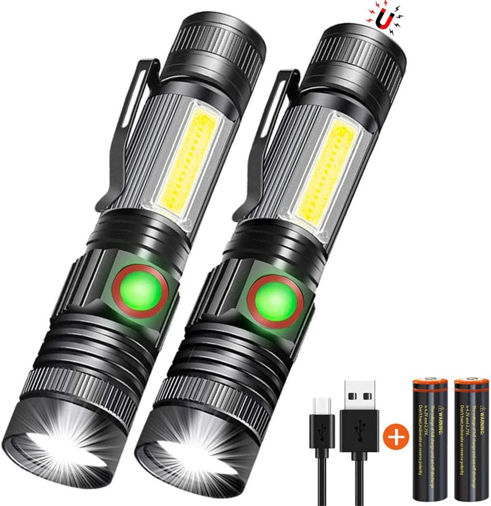 LED Flashlight Rechargeable, Tactical Flashlight Magnetic with Cob (Battery Included), Pocket-Size LED Torch with Clip, Waterproof, Zoomable, 4 Mode Flash Light for Camping, Emergency Use - - 
