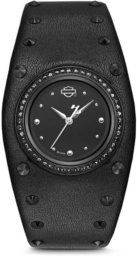 HarleyDavidson Women's Studded Leather Cuff Stainless Steel Watch, Black 78L128