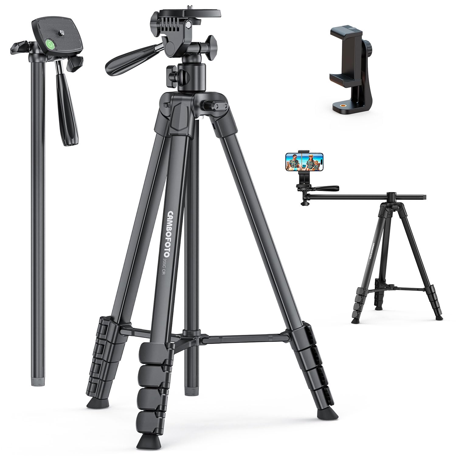 CAMBOFOTO Tripod for iPhone, 70"Phone Tripod with 3 Way Pan Head, Horizontal Arm Tripod, Lightweight Travel Tripods for Travel Video Photography YouTube Vlog