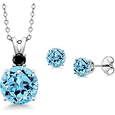 Gem Stone King 925 Sterling Silver Round Swiss Blue Topaz and Black Diamond Pendant and Earrings Jewelry Set For Women (6.03 Cttw, Gemstone Birthstone, with 18 Inch Chain)