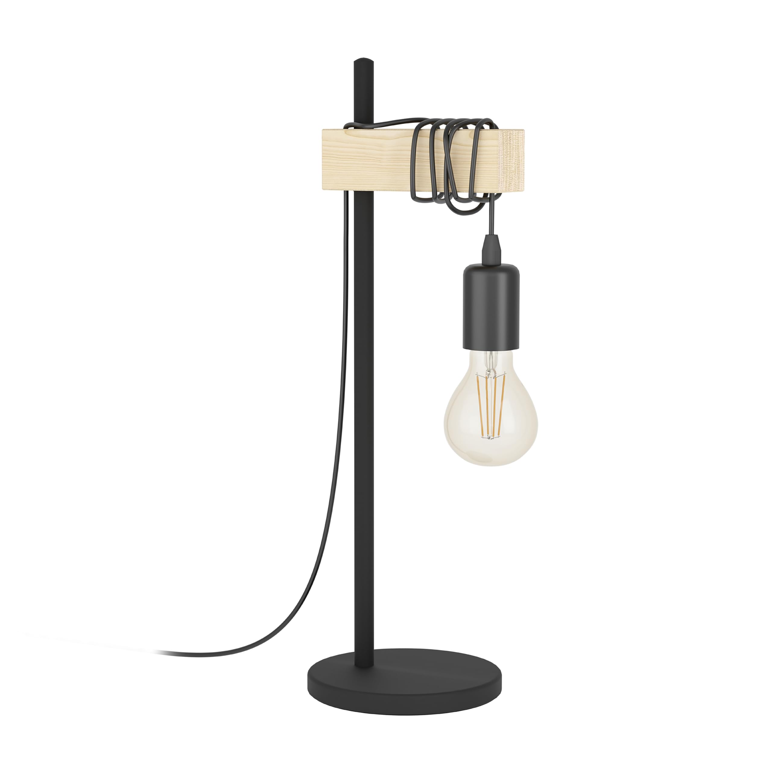 Eglo Townshend 1-Flame Vintage/Industrial Design Table lamp, Retro Bedside kight Made of Wood and Steel, Black, Brown, Socket: E27, incl. Switch