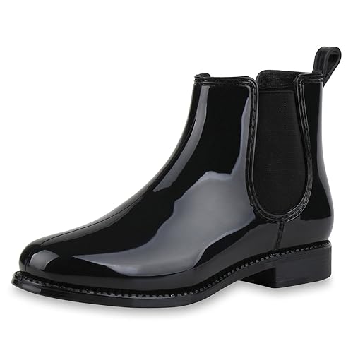 SCARPE VITA Damen Stiefeletten Gummistiefel mit Blockabsatz Lack Quasten