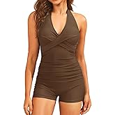 Women One Piece Swimsuits with Shorts - Tummy Control Retro Bathing Suit Halter Boyleg Swimwear