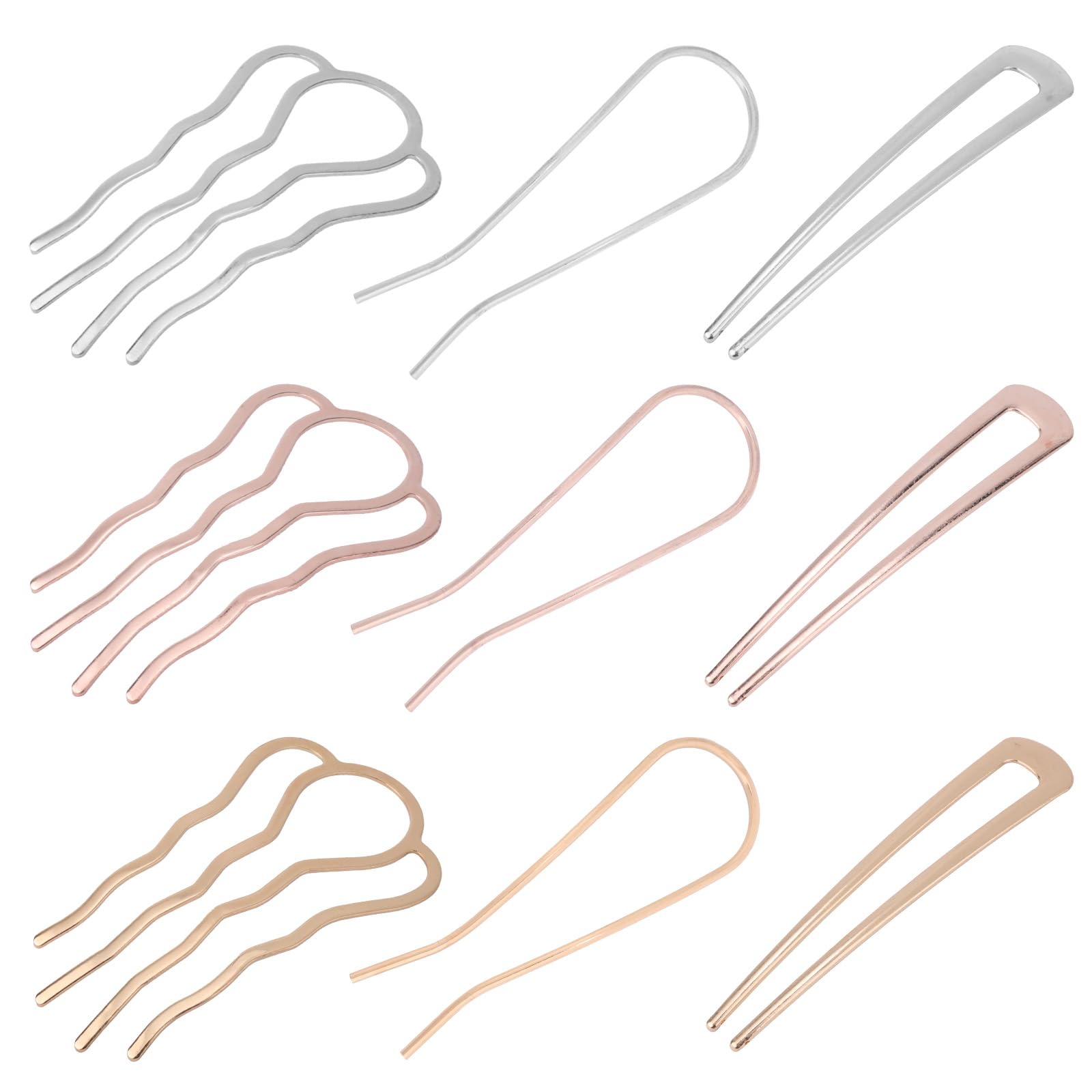 9pcs Metal French Hair Pins for Women, 3 Styles Teeth & U-Shaped Chignon Pins for Buns Updos Anti-Slip Twist Hair Fork Sticks with Combs for Bobby Hair Styling Accessories (Silver, Gold, Rose Gold)