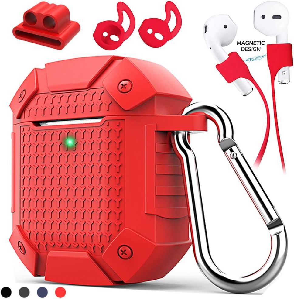 Yedano AirPods Case Cover Portable Protective Keychain Shockproof 5 in 1 Case Cover Heavy Duty Silicone Case Accessories (1st & 2nd Generation Compatible with) Red