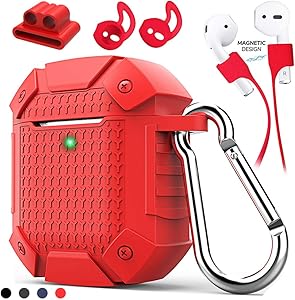 Yedano AirPods Case Cover Portable Protective Keychain Shockproof 5 in 1 Case Cover Heavy Duty Silicone Case Accessories (1st & 2nd Generation Compatible with) Red