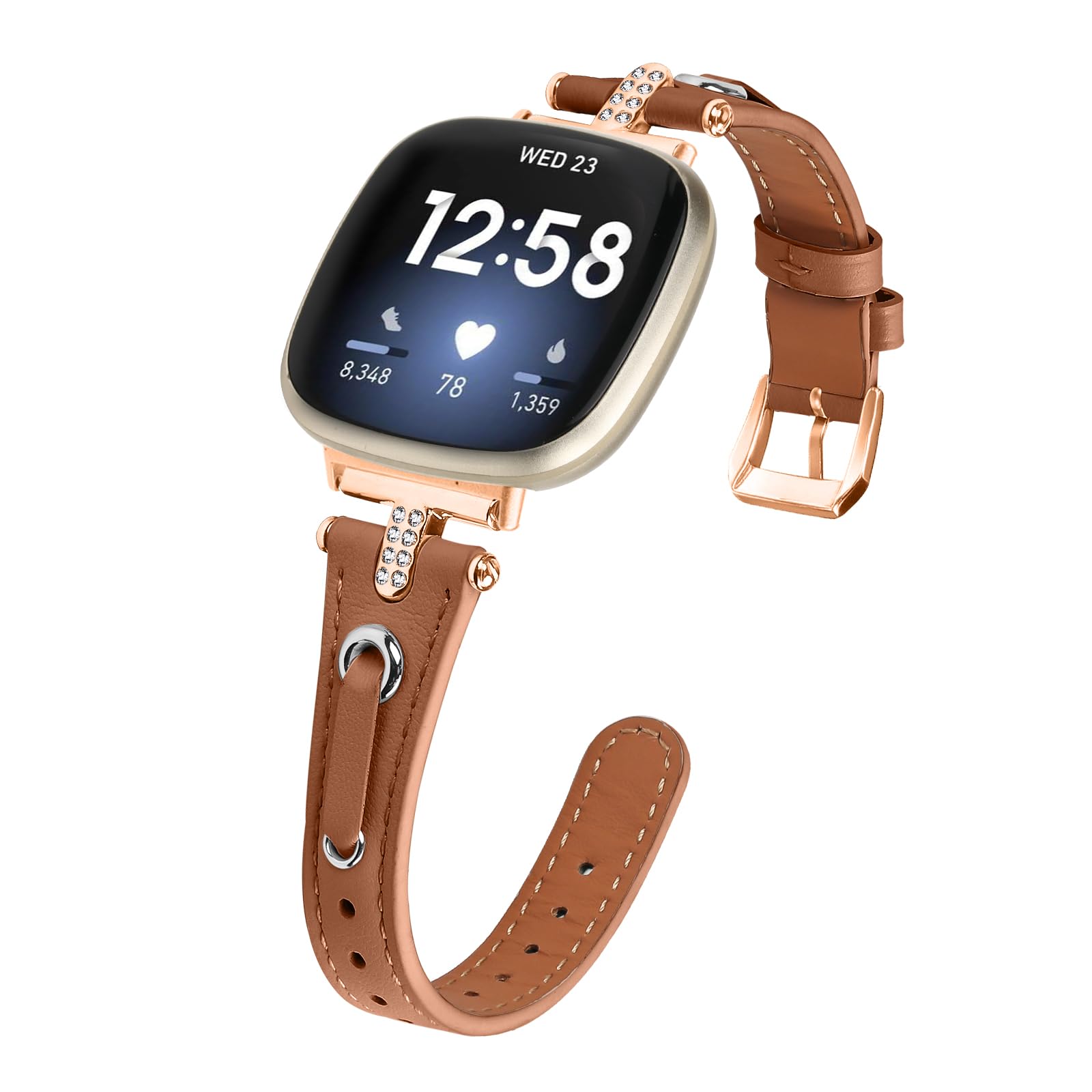 Leather Straps Compatible with Fitbit Versa 4/Versa 3 Strap for Women, Genuine Leather Wristband Metal Bling Rhinestone Replacement Watch Band Strap Bracelet for Sense 2/Sense (Brown/Rose Gold)