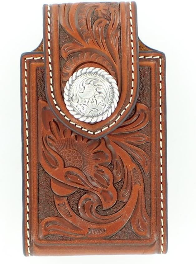 HorseSaddleShop Brown Floral Tooled with Silver Concho Phone Case Floral Tooled Phone Case