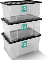 Klass Home 3 x 50 Litre Storage Boxes with Lids Clear Nestable Set of 3 view 1