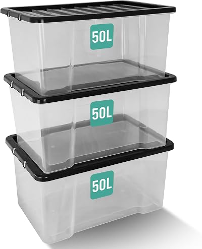 Klass Home 3 x 50 Litre Storage Boxes with Lids Clear Nestable Set of 3