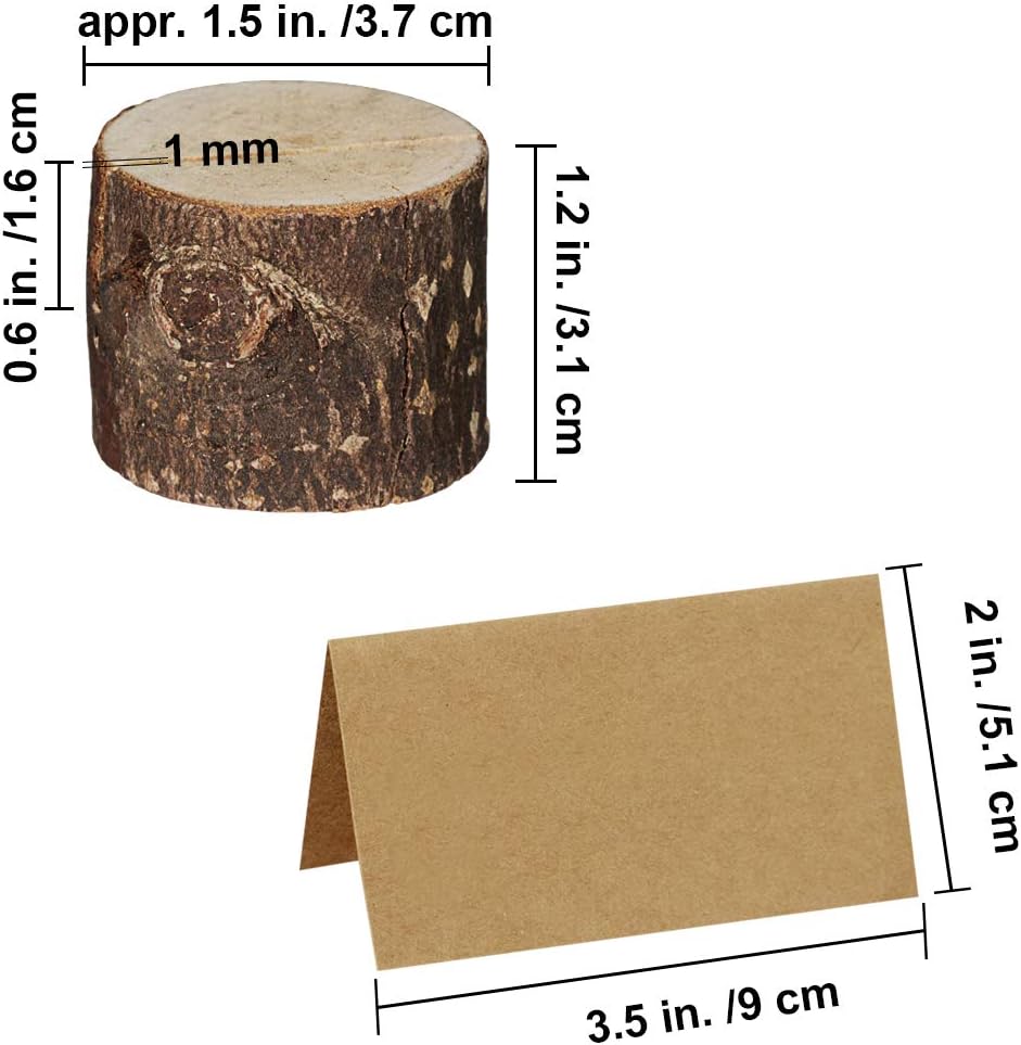 Supla 20 Pcs Rustic Wood Place Card Holders Circular Table Numbers Holder Stand Wooden Bark Memo Holder Card Photo Picture Note Clip Holders and Kraft Place Cards Bulk Wedding Party Table Number Sign: Home & Kitchen