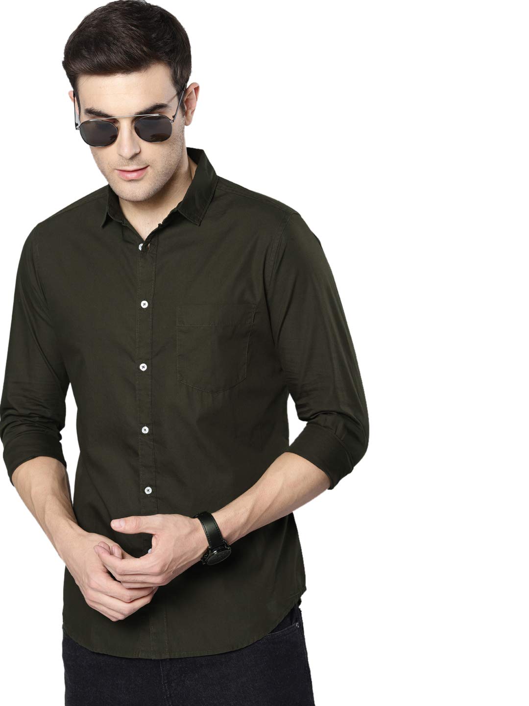 Photo 1 of Men's Essential Olive Dress Shirt - 100% Cotton, Slim Fit, Long Sleeve, Button-Down Collar - Perfect for Everyday Casual Wear