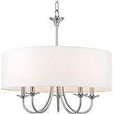 Kira Home Quinn 22" Traditional 5-Light Chandelier/Adjustable Chain Link Hanging Light + White Linen Drum Shade, Brushed Nick