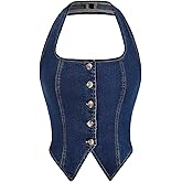 Floerns Women's Button Down Denim Halter Top Backless Sleeveless Crop Jean Tops