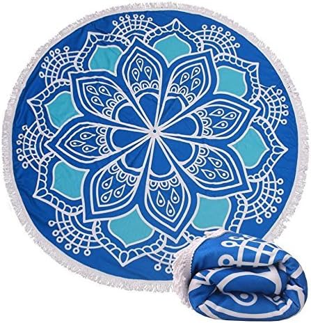 Round Beach Towel/ Mandala Thick Towel with Tassels/ Round Yoga Matt/Round Tapestry (Blue Lotus)
