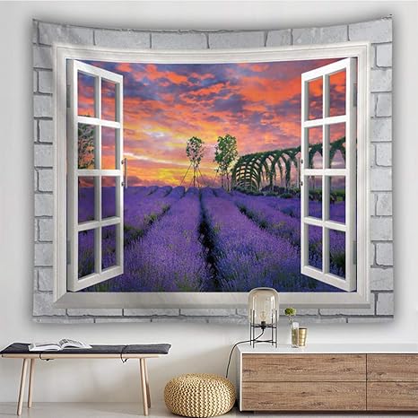 Amazon Co Jp Dekori タペストリー おしゃれ壁掛け ラベンダー 風景 花海 夕焼け 窓の外の風景 大判 ファブリック 装飾用品 簡単撮影用 背景布 装飾布 インテリア飾り 新築祝い 個性プレゼント 150x100cm A ホーム キッチン