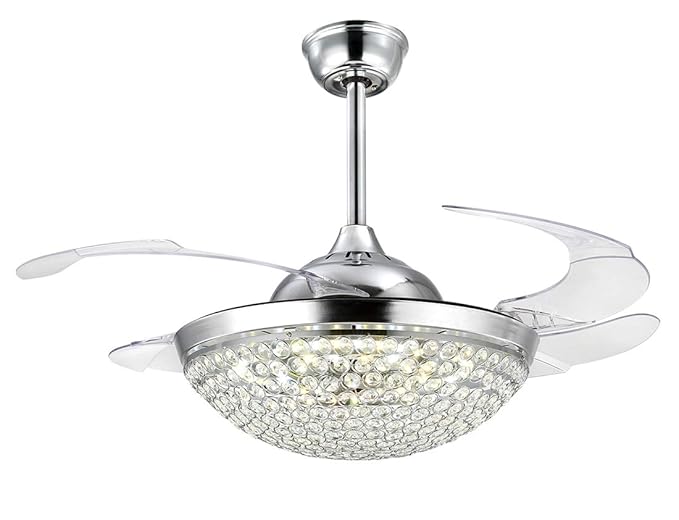 42 Inch Led Dimmable Ceiling Fan 4 Retractable Blades Crystal