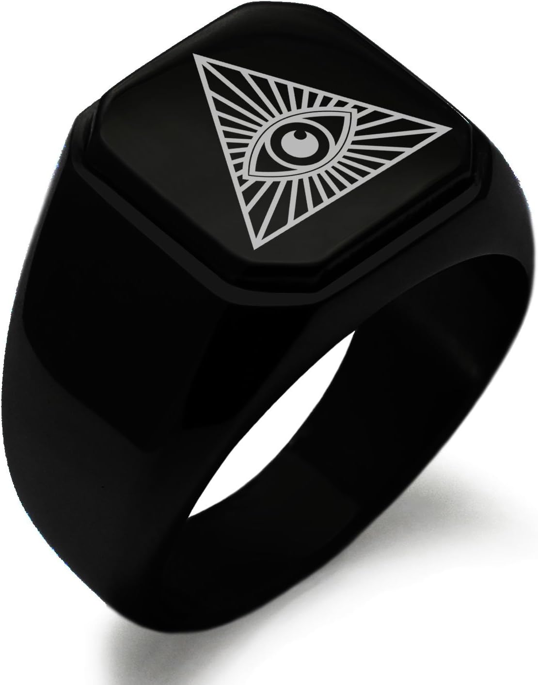 Stainless Steel All Seeing Eye Symbol Square Flat Top Biker Style Polished Ring
