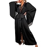 ChiaoLezhee Silk Long Robe For Women, Satin Lace-Trim, Bride Wedding-Night, Bridal Bridesmaid Kimono Robes Lightweight