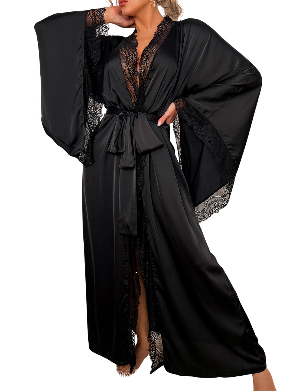 Photo 1 of ChiaoLezhee Silk Long Robe For Women, Satin Lace Trim, Bride Wedding Night, Bridal Bridesmaid Kimono Robes Lightweight Boudoir Outfits Sexy High Slit Bathrobe Kimonos, Black, Small