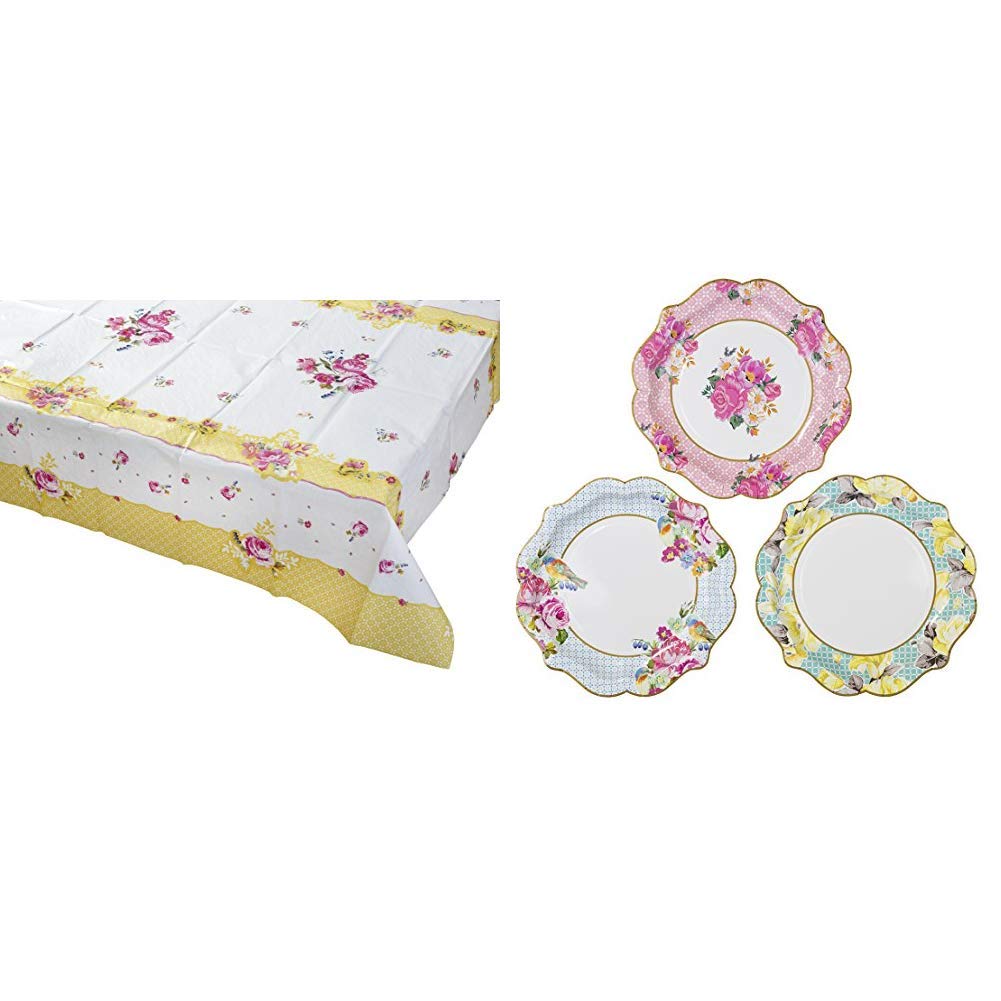 Talking Tables Truly Scrumptious Tea Party Floral Table Cover Rectangular, Paper, Pink and Yellow, 180 x 120cm & Pack of 12-Size 22cm 8.5" Afternoon Tea Vintage Floral Paper Pastel Colours
