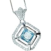 Diamond Crown Square Aquamarine Necklace Sterling Silver White Gold 18kgp Halo 1.5 CT Blue Aquamarine Pendant Jewelry March Birthstone Adjustable Chain
