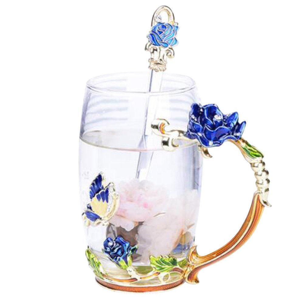 YBK Tech Creative Flower Glass Mug, Crystal Clear Glass Tea Cup- Blue Rose, Tall (350ml)