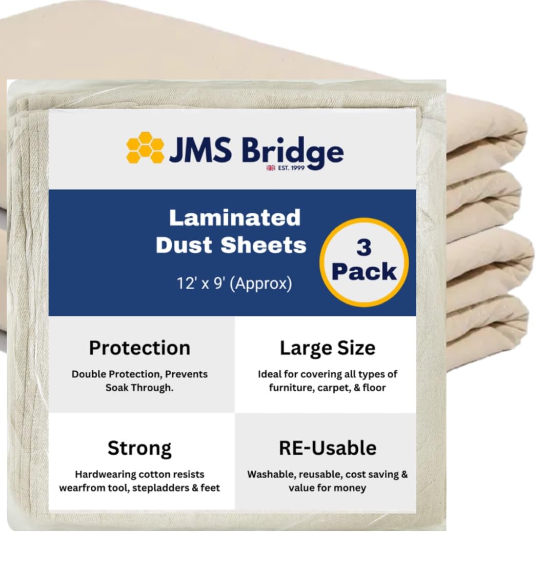 3 x Cotton Dust Sheets for Decorating, Painting, Furniture | 12ft x 9ft | Laminated Dust Sheet with Cotton Backed with Plastic Polythene Sheeting Paint Cover Sheet | Drop Cloth | (3xLT129)
