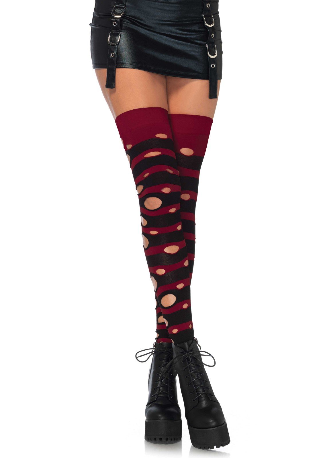 Leg Avenue Distressed Striped Thigh Highs, Black/Burgundy
