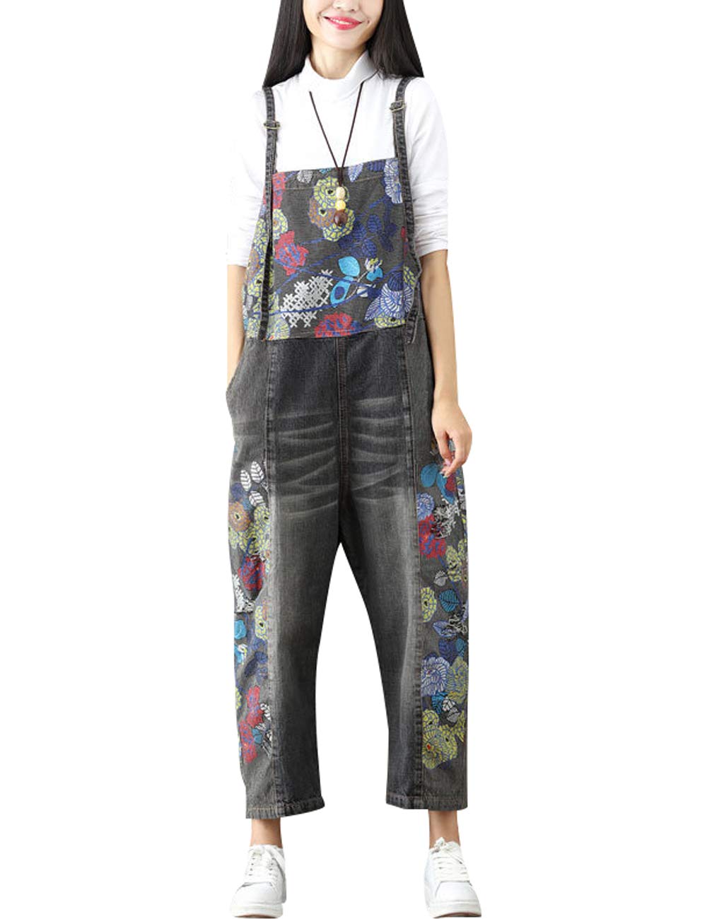 Youlee Women's Wide Leg Denim Jumpsuits Retro Casual Dungarees Style 1 Grey