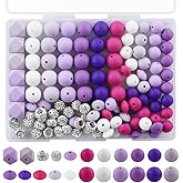 Lovyomi 120Pcs Multicolor 12mm 15mm Silicone Beads for Keychain Making, 14mm Hexagon Beads Rhinestone Round Spacer 10mm for DIY Handicrafts(Purple)