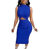 Women's 2025 Summer Dress Elegant Mock Neck Sleeveless Cocktail Party Midi Dresses