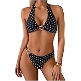 Milumia Women's 2 Piece Polka Dots Bikini Set Metal Ring Halter Tie Back Swimsuits Bathing Suits