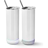 AGH 2 Pack Music Speaker Tumbler with Straw and Lid, 20oz Sublimation Skinny Stainless Steel Double Wall Tumbler with Detachable LED Light, Suitable for DIY Gifts (White & Gray)