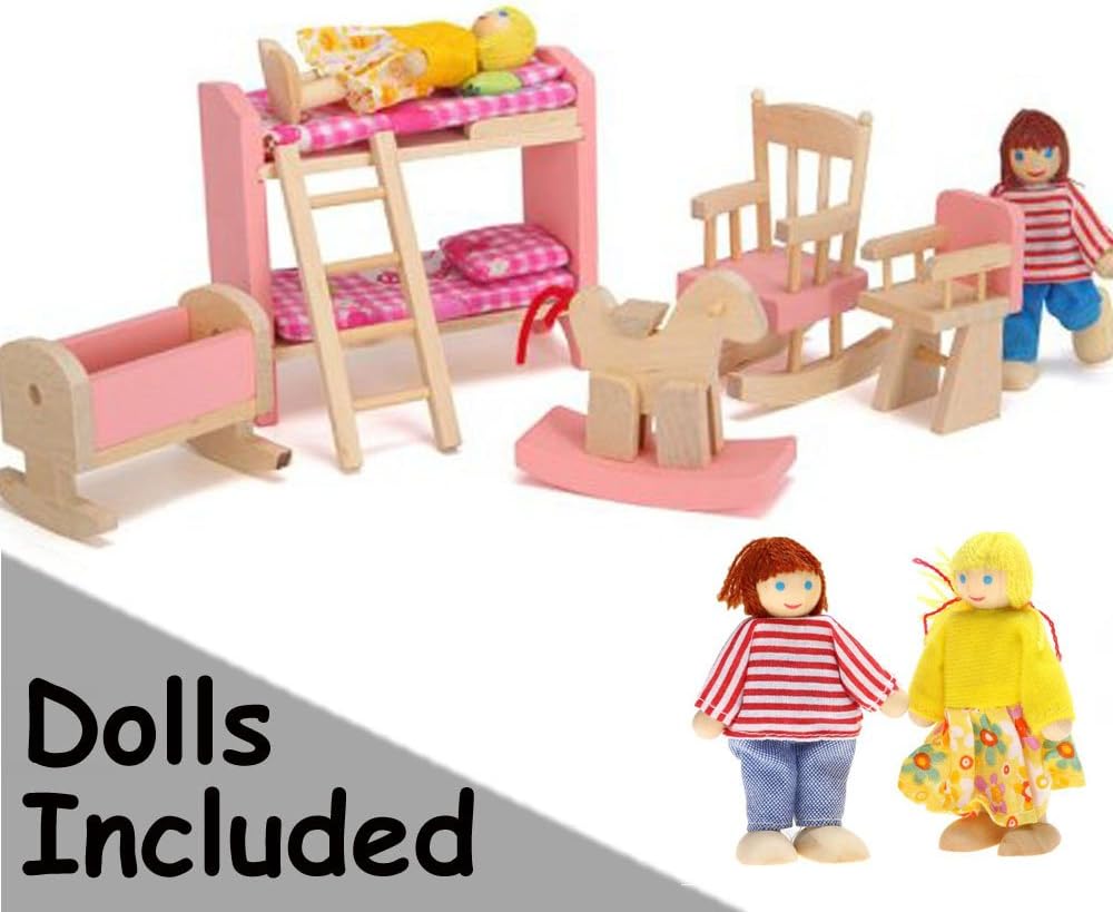 IMOOMI Happy Family Dolls 2 People & Doll House Furniture Pink Kids Room Set 5 Piece Bunk Bed, Wooden Toy Great Gift for Children