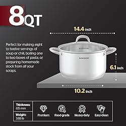 SUNHOUSE 8 Quart Stock Pot with Lid - 3-Ply Bottom